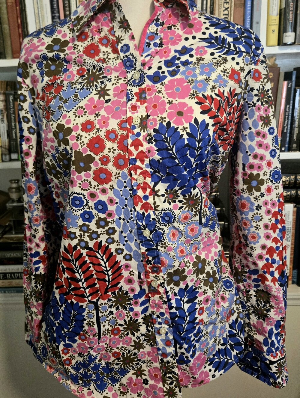 TALBOTS Floral Print Button-Down Shirt Pink & Blue Large EUC